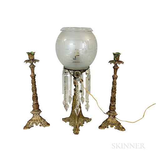 Brass and Etched Glass Astral Lamp and a Pair of Bronze Candlesticks