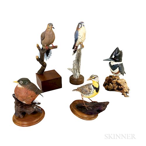 Five Carved and Painted Wood Birds