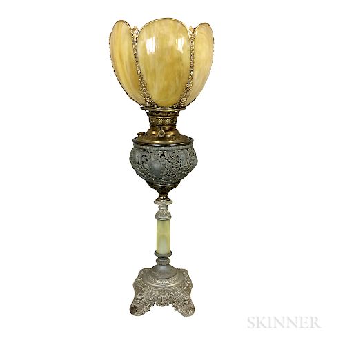 Rococo Revival Cast Metal and Slag Glass Table Lamp