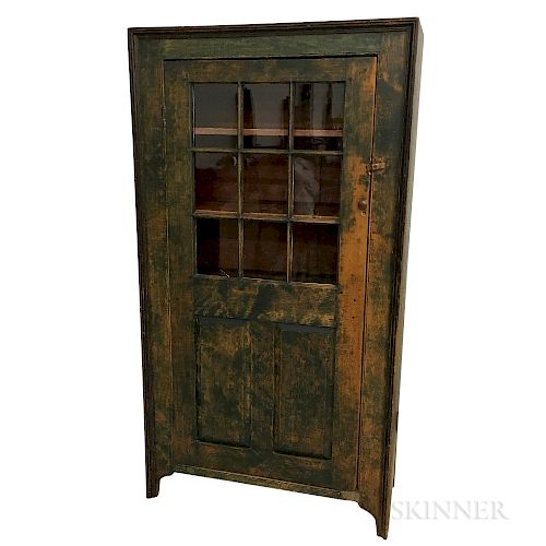Country Green-painted Glazed Pine One-door Cupboard