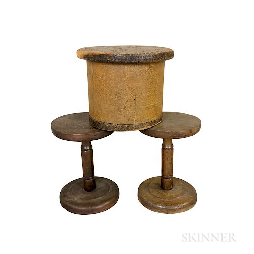 Two Turned Oak Hat Stands and a Pine Hat Form