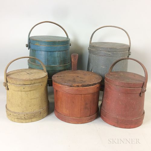 Four Painted Pine Firkins and a Salt Box
