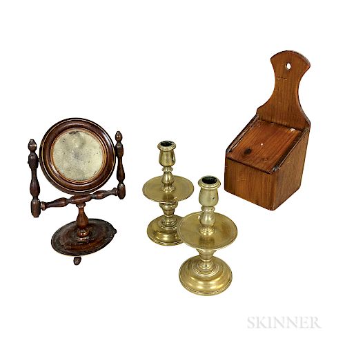 Pair of Brass Candlesticks, a Hanging Wall Box, and a Turned Shaving Mirror.  Estimate $250-350