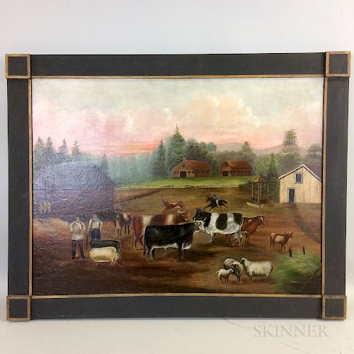 American School, 19th Century  Primitive Farm Scene