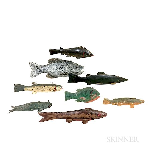 Eight Painted Wood Ice Fishing Decoys