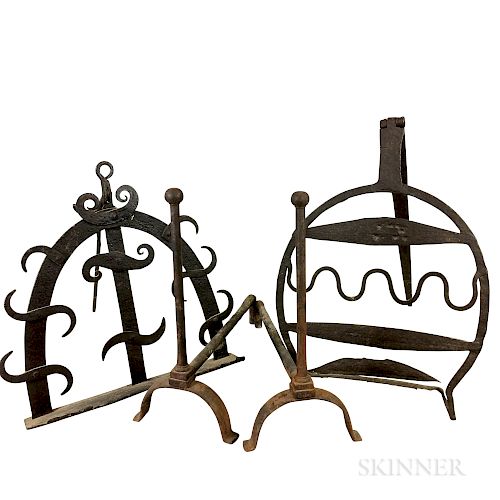 Two Wrought Iron Roasters and a Pair of Andirons.  Estimate $250-350