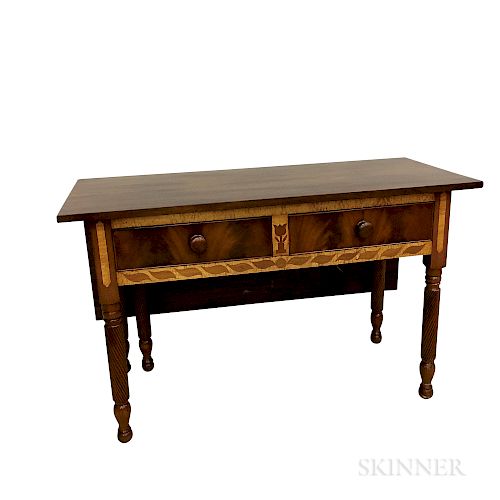 Classical Inlaid Mahogany and Maple Single Drop-leaf Serving Table
