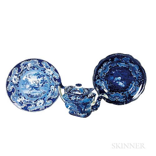 Three Staffordshire Blue Transfer-decorated Ceramic Items