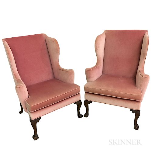 Pair of Williamsburg Restoration Chippendale-style Carved and Upholstered Mahogany Wing Chairs.  Estimate $300-500