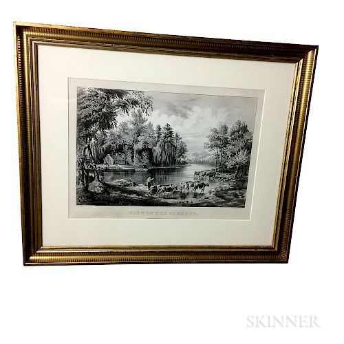 Framed Currier & Ives Lithograph View On The Rondout