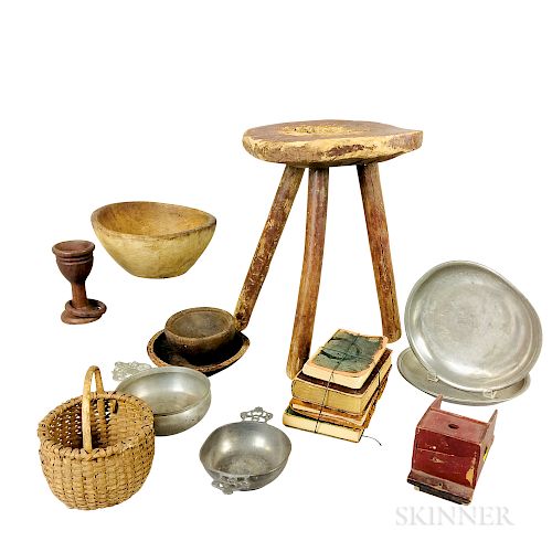 Group of Wood and Pewter Decorative Items and Books