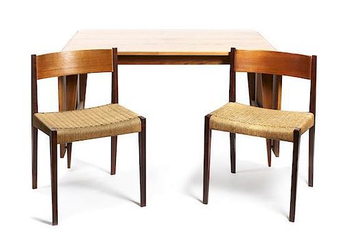 A Poul Cadovius Cado Teak Dining Suite, Height of table 28 x width 47 x depth 31 1/2 inches.