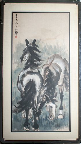 Xu Beihong "Two Horses" Ink & Watercolor on Paper
