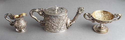 Chinese Export Silver Tea Set Teapot Sugar Creamer