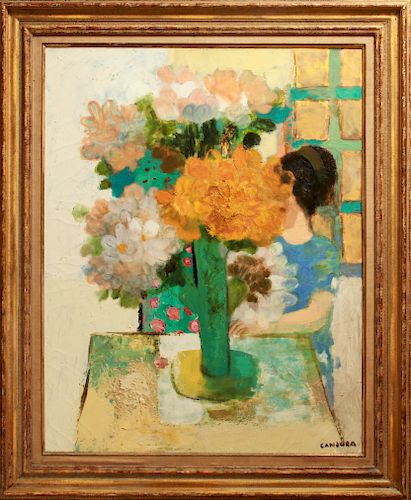 Noe Canjura Woman Arranging Flowers Oil on Canvas