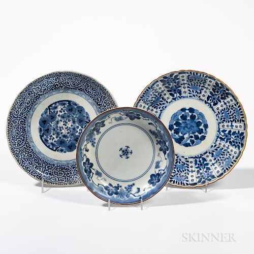 Three Export Blue and White Plates