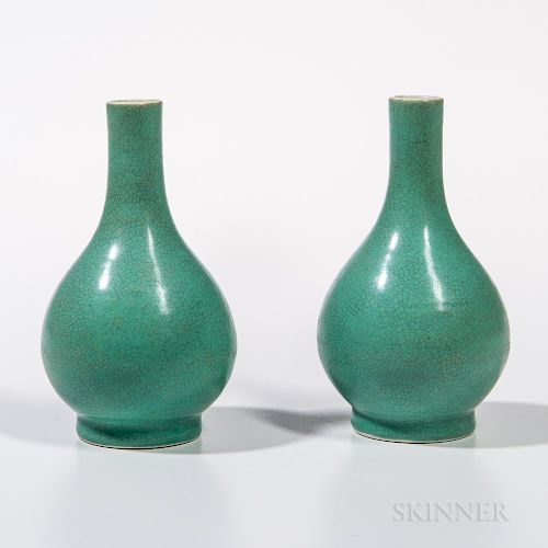 Pair of Small Crackle-glazed Turquoise Blue Bottle Vases