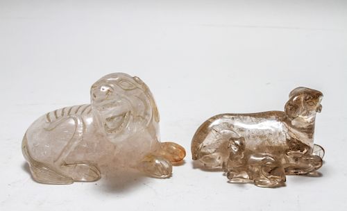 Chinese Carved Rock Quartz Crystal Goats & Lion 2