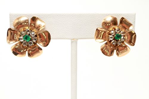 14K Gold Emerald & White Sapphire Earrings Pr