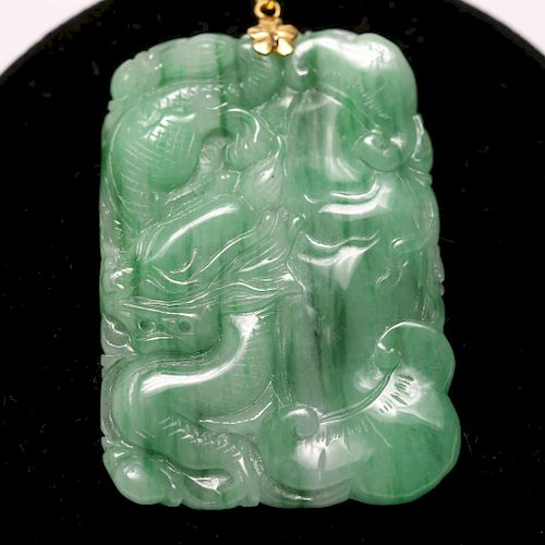 Chinese Jade Pendant Plaque, w. Dragon & 14K Gold