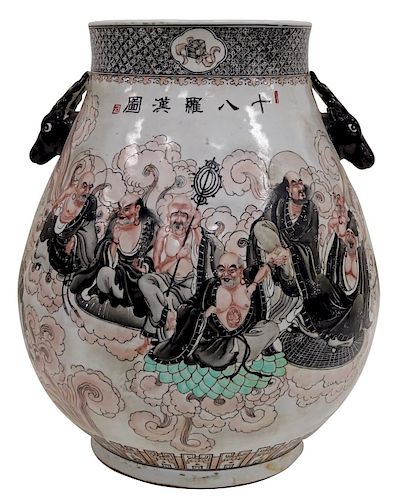 Chinese Porcelain Deer Handled Luohan Prayer Vase
