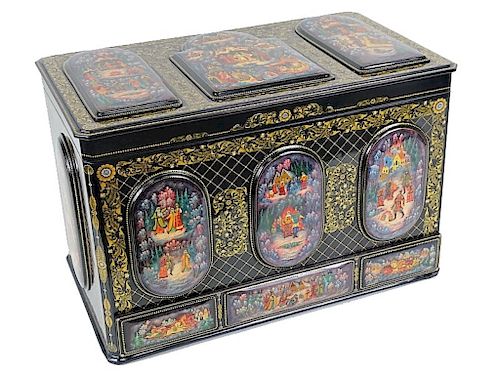 Large Important Russian Hand Painted Lacquered Box