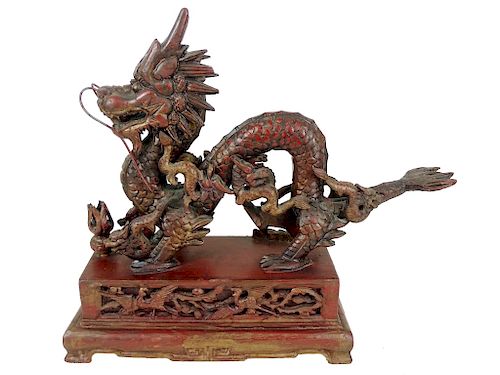 Chinese Hand Carved Wooden Dragon Sculpture