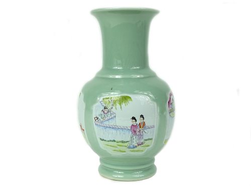 Chinese Celadon Glaze Hand Painted Scenic Vase