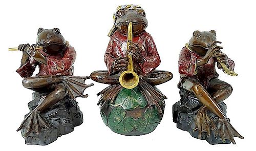 (3) Three Contemporary Frog Bronze Musicians