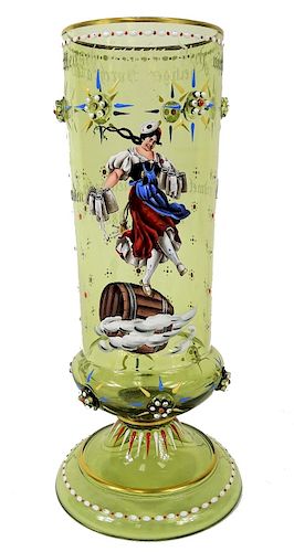 Vintage European Enameled Blown Art Glass Vase