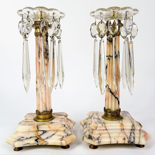 Pair of Antique Marble Bronze Crystal Candlesticks