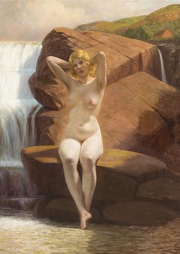 Wilhelm Pacht, (Danish, 1843-1912), Nude by Waterfall, 1908