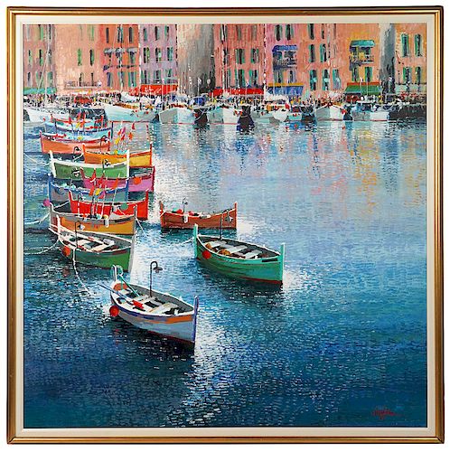 Kerry Hallam 'Fishing Boats' Acrylic Painting