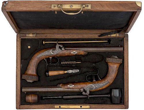 Cased Pair of Deluxe Percussion Pistols with Accessories 