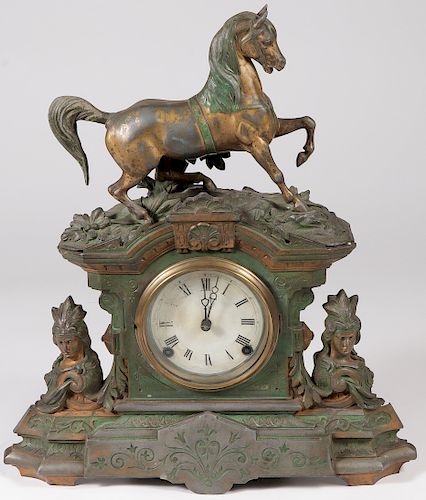EQUESTRIAN AND INDIAN THEMED MANTEL CLOCK, 19TH C