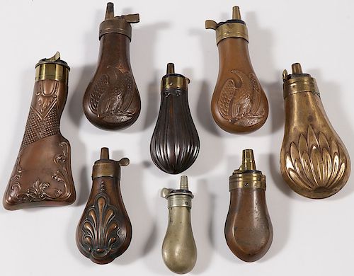 GROUP OF EIGHT POWDER FLASKS