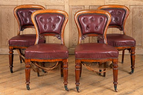SET 4 19TH C. ENGLISH OAK AND LEATHER SIDE CHAIRS