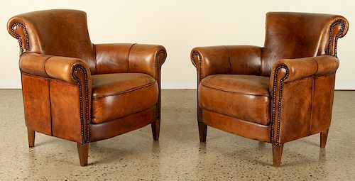 PAIR ENGLISH LEATHER ARM CHAIRS ROLLED ARMS C1940