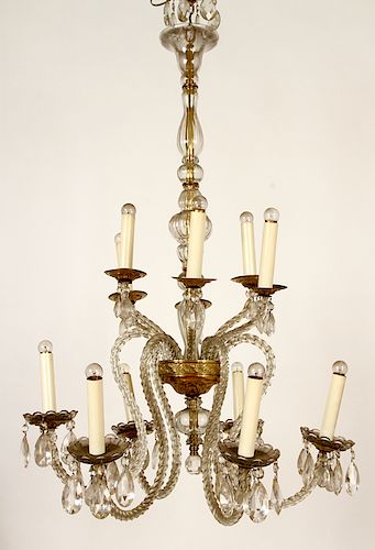 LARGE 12 ARM TWO TIER CHANDELIER GLASS CIRCA 1930