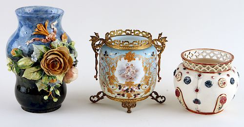 3 19TH C. VASES GLASS & CERAMIC ONE BEING FAIENCE