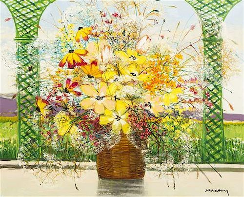 Michel-Henry, (French, b. 1928), Floral Still Life with Green Trellis