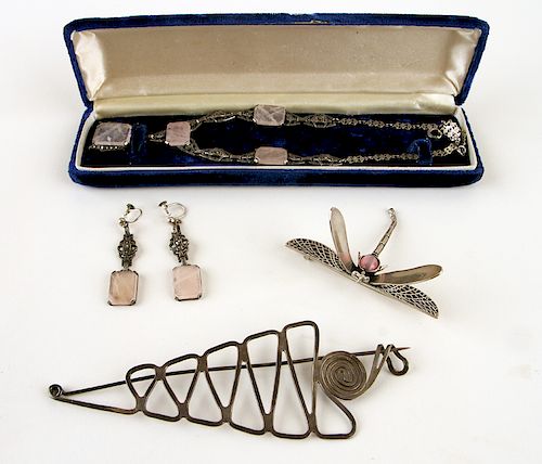 5 PC. COLLECTION OF SILVER JEWELRY ART DECO
