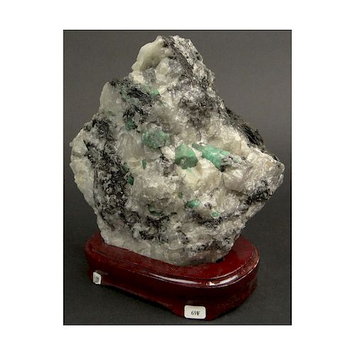 Mineral Specimen with Emeralds Mounted on Wooden Base. Measures 6-7/8 Inches by 6-1/2 Inches. Measu