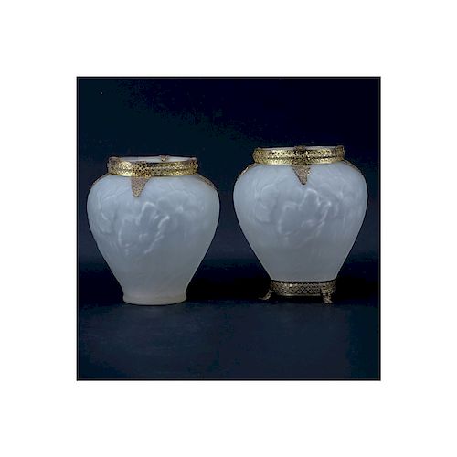 Pair Vintage Frosted Glass Vases With Reticulated Brass Mountings. Unsigned. Minor chips, one foot 