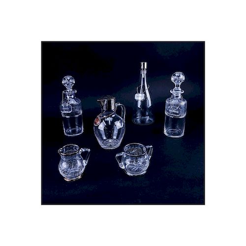 Grouping of Six (6) Vintage Tableware. Includes: Two crystal decanters/cruet bottles, glass pitcher