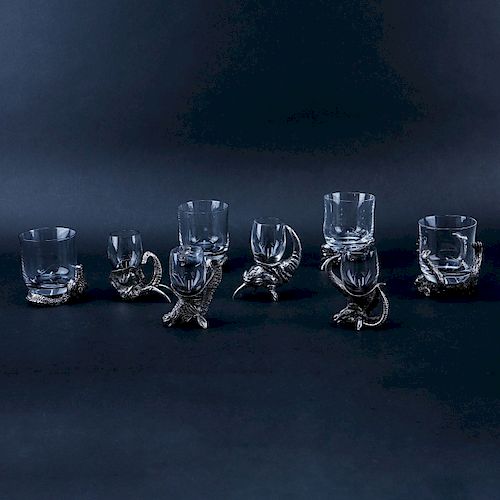 Frankli Wild Royal Selangor Pewter and Glass Barware. Eight (8) glasses with South African animal f