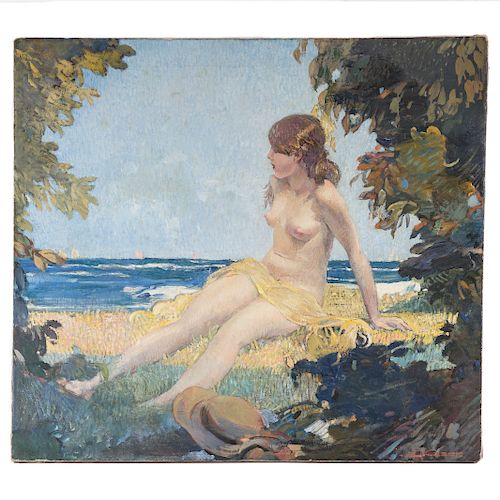 Ettore Caser. "Nude by the Sea," Oil on Canvas