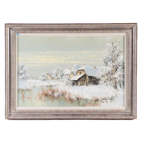 Willi Bauer. "Snowy Lodge," Oil on Canvas