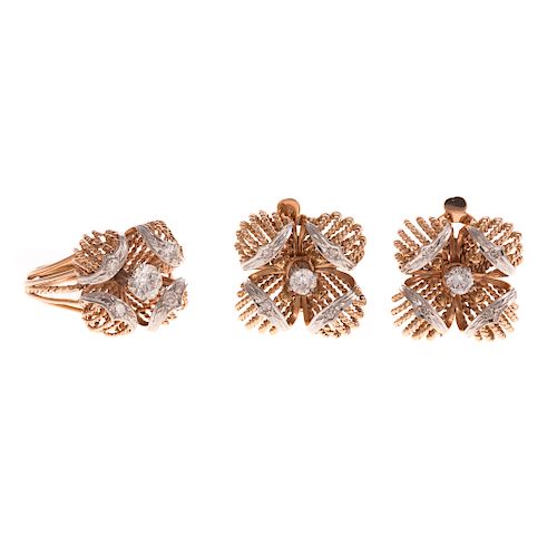 A Matching Diamond Floral Earring & Ring in 18K