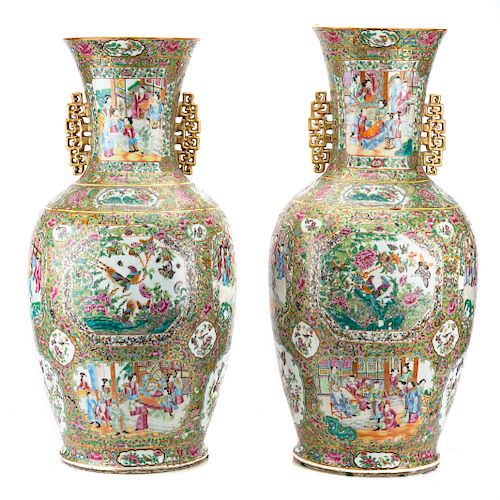 Pair Chinese Export Rose Mandarin Palace Vases